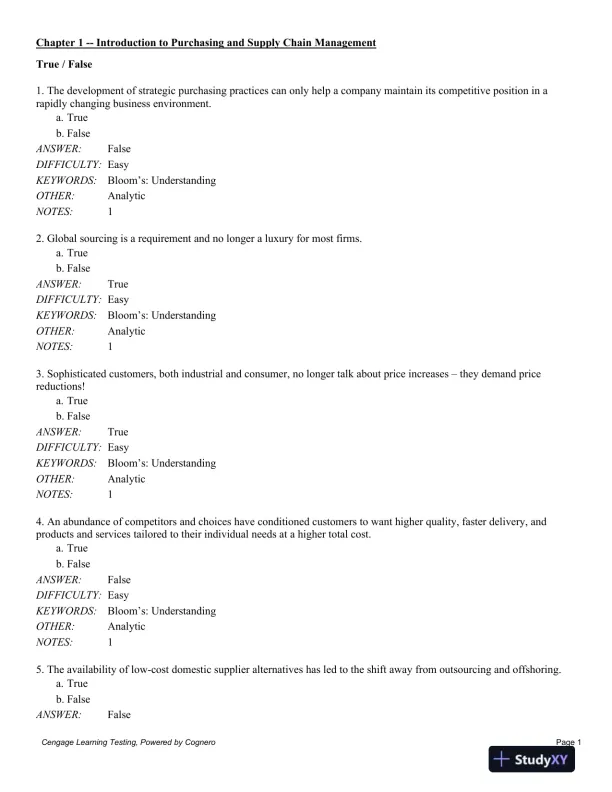Test Bank For Purchasing And Supply Chain Management, 6th Edition - Page 1 preview image