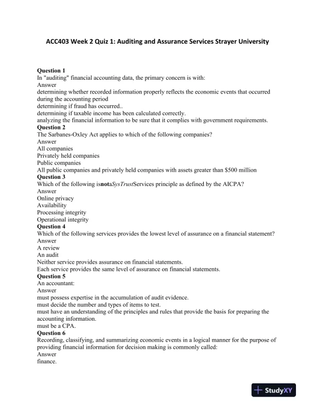 ACC403 Week 2 Quiz 1: Auditing and Assurance Services Strayer University - Page 1 preview image