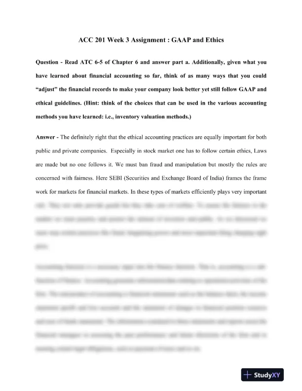 ACC 201 Week 3 Assignment : GAAP and Ethics - Page 1 preview image