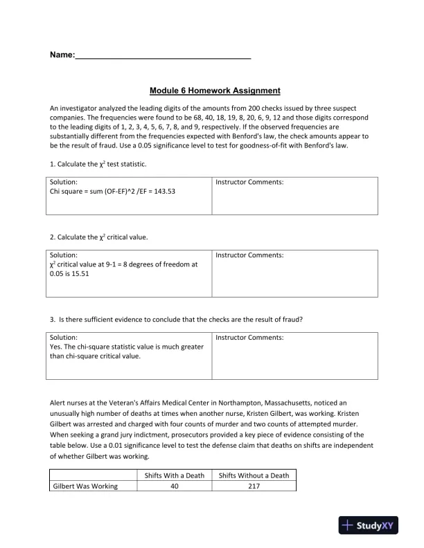 Chi-Square Goodness-of-Fit and Independence Tests: Analyzing Fraud Detection and Deaths at Northampton Medical Center - Page 1 preview image
