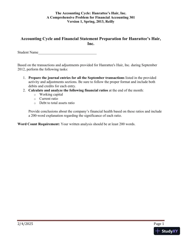 Accounting Cycle And Financial Statement Preparation For Hanrattee�s Hair, Inc. - Page 1 preview image
