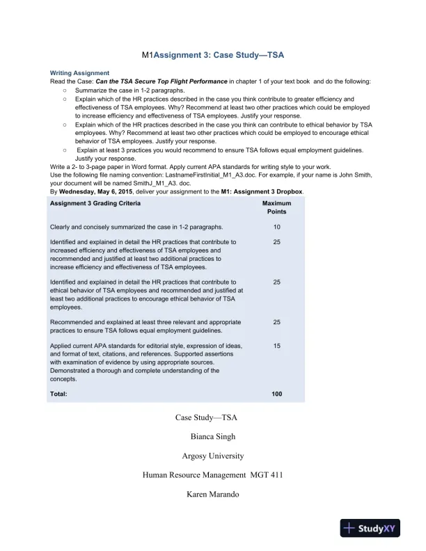 M1Assignment 3: Case Study�TSA: Enhancing TSA Performance: HR Practices for Efficiency, Ethics, and Equal Employment Compliance - Page 1 preview image