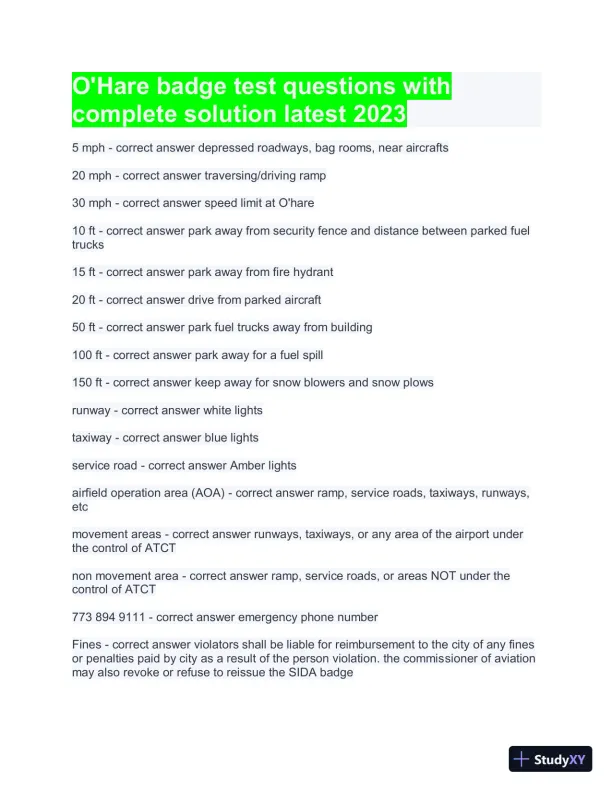 2023 O'Hare badge Test Questions with Complete Solution with Answers (69 Solved Questions) - Page 1 preview image