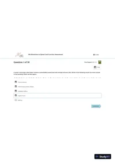 ATI RN Medical Surgical Alterations in Spinal Cord Function Assessment Practice Exam With Answers (30 Solved Questions) - Page 1 preview image