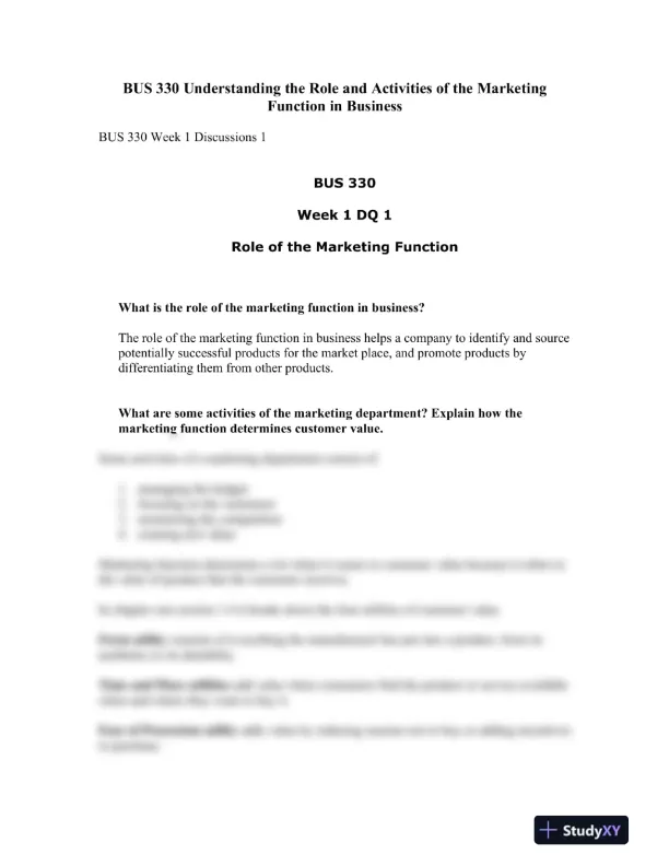 BUS 330 Understanding the Role and Activities of the Marketing Function in Business - Page 1 preview image