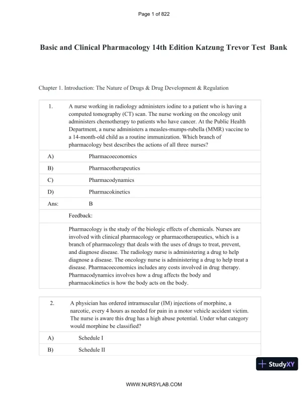 Test Bank for Basic and Clinical Pharmacology, 14th Edition (Chapters 1-33) - Page 1 preview image