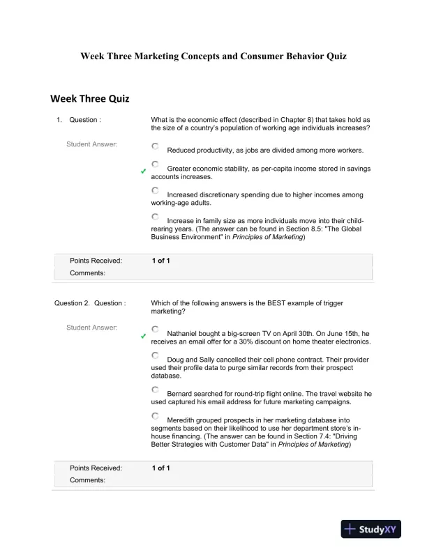 Week Three Marketing Concepts and Consumer Behavior Quiz - Page 1 preview image
