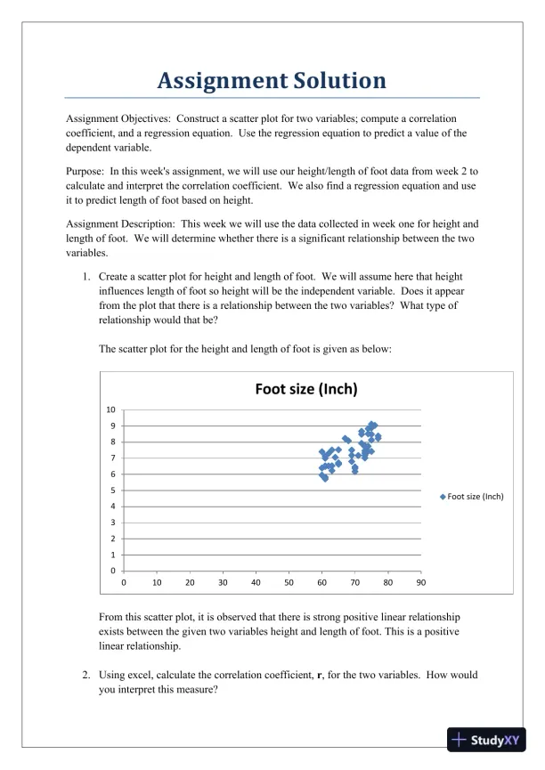 Assignment Solution: Analyzing the Relationship Between Height and Foot Length: Correlation, Regression, and Prediction - Page 1 preview image