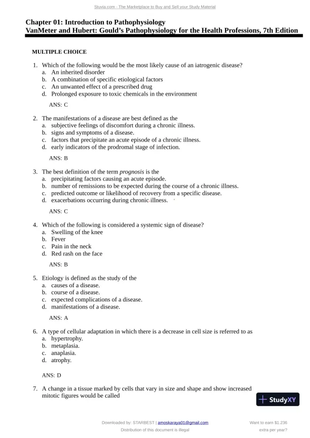 Test Bank for Gould's Pathophysiology for the Health Professions, 7th Edition (Chapters 1-28) - Page 1 preview image