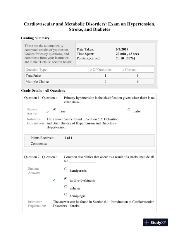 Cardiovascular and Metabolic Disorders: Exam on Hypertension, Stroke, and Diabetes - Page 1 preview image