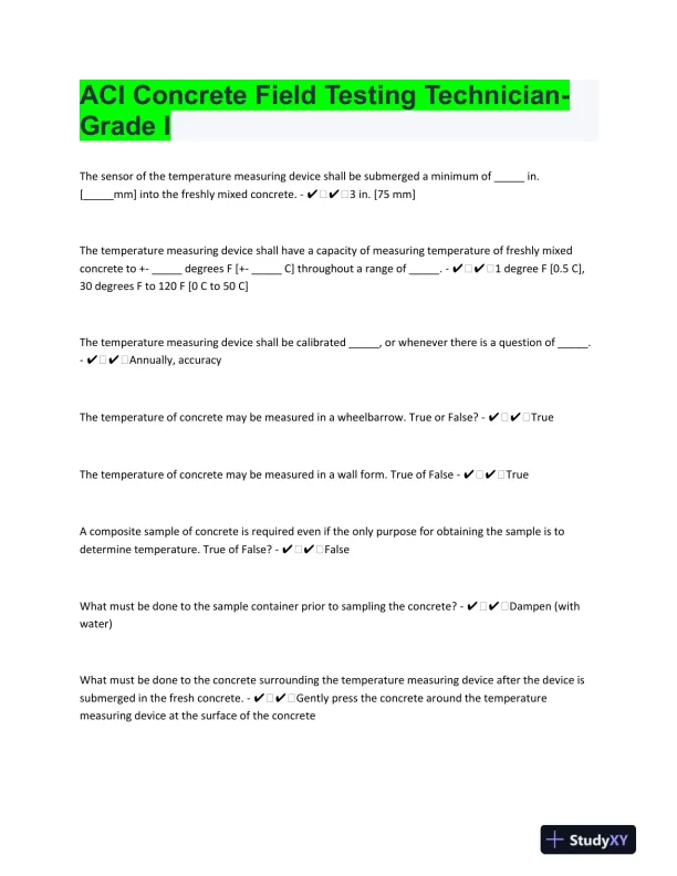 ACI Construction Field Test Exam With Answers (136 Solved Questions) - Page 1 preview image
