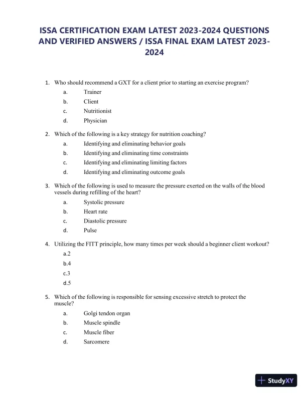 2023-2024 ISSA Certification Final Exam with Answers (200 Solved Questions) - Page 1 preview image