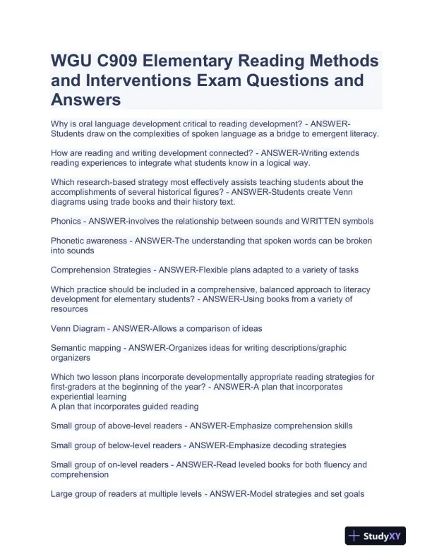 WGU C909 Elementary Reading Methods and Interventions Practice Exam With Answers (40 Solved Questions) - Page 1 preview image
