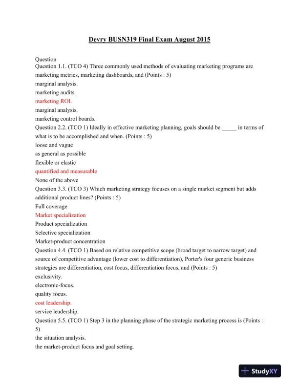 Devry BUSN319 Final Exam August 2015 - Page 1 preview image