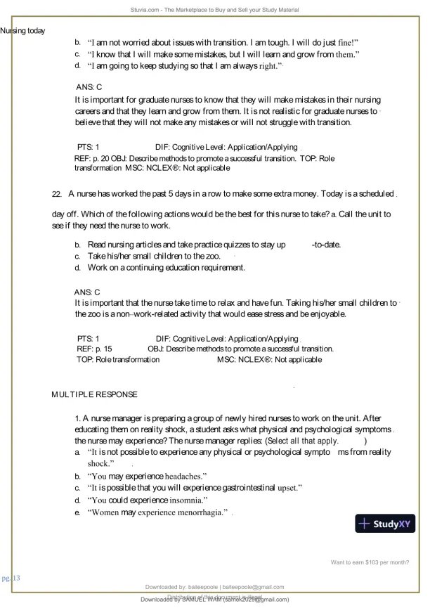 Test Bank for Nursing Today: Transition and Trends, 10th Edition (Chapters 1-26) - Page 14 preview image