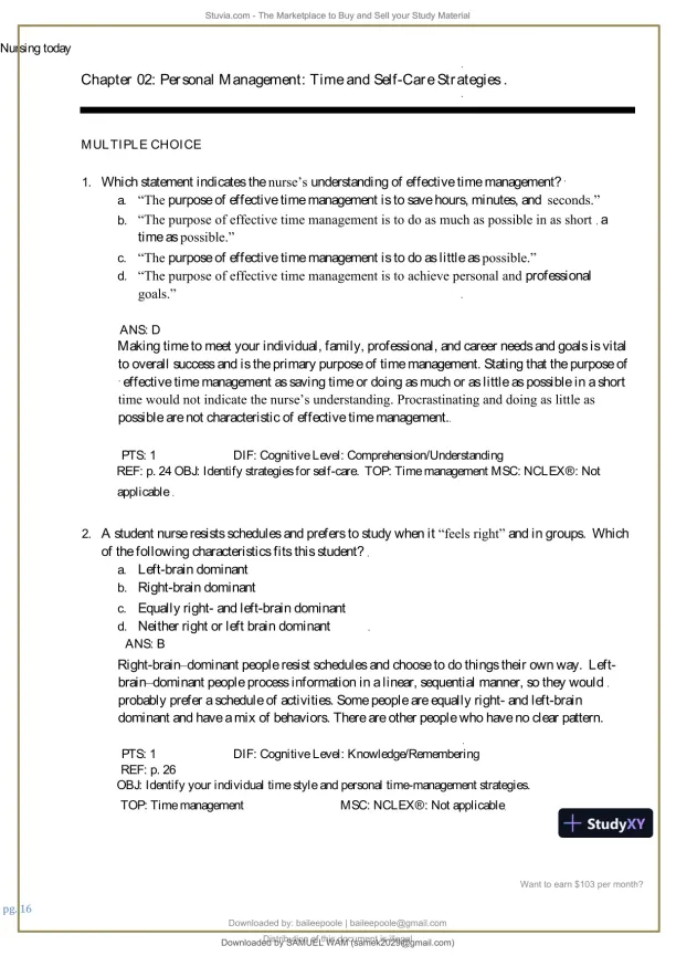 Test Bank for Nursing Today: Transition and Trends, 10th Edition (Chapters 1-26) - Page 17 preview image