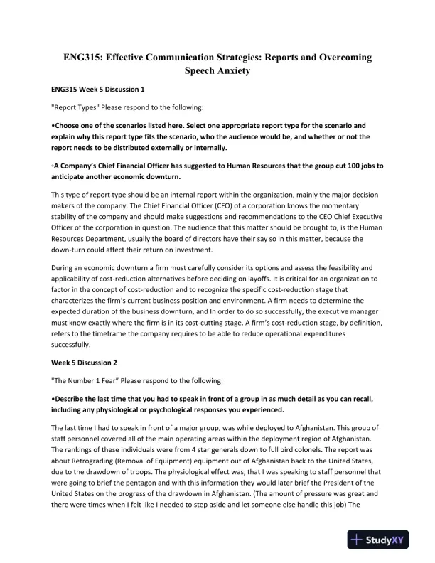 ENG315: Effective Communication Strategies: Reports and Overcoming Speech Anxiety - Page 1 preview image