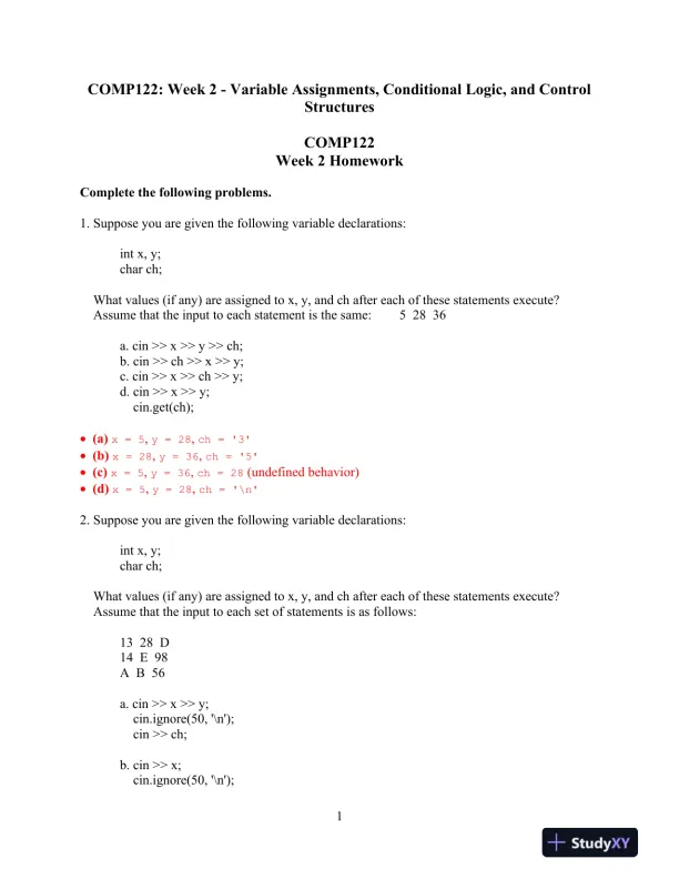 COMP122: Week 2 - Variable Assignments, Conditional Logic, and Control Structures - Page 1 preview image