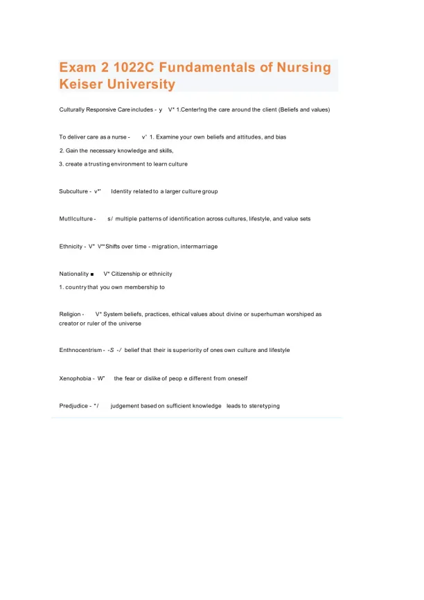 Exam 2 1022C Fundamentals of Nursing Keiser Univer - Page 1 preview image