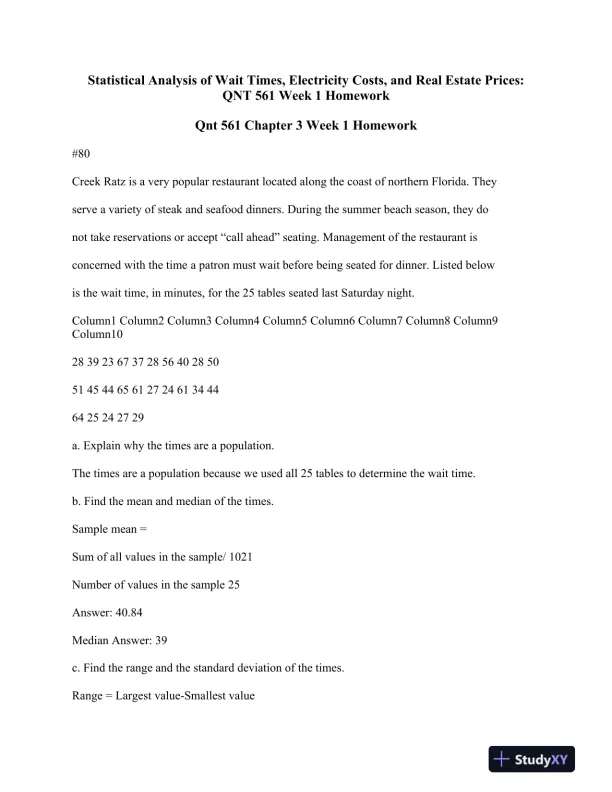 Statistical Analysis of Wait Times, Electricity Costs, and Real Estate Prices: QNT 561 Week 1 Homework - Page 1 preview image