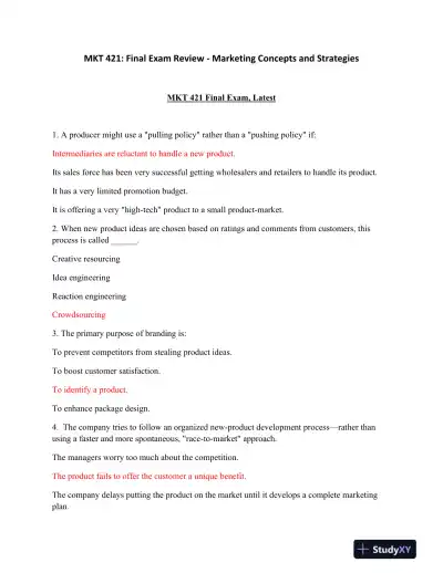 MKT 421: Final Exam Review - Marketing Concepts and Strategies - Page 1 preview image