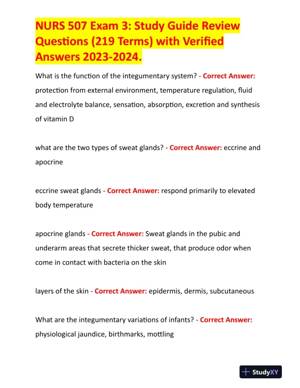 2023-2024 NURS507 Anatomy and Physiology Study Guide Review With Answers (219 Solved Questions) - Page 1 preview image