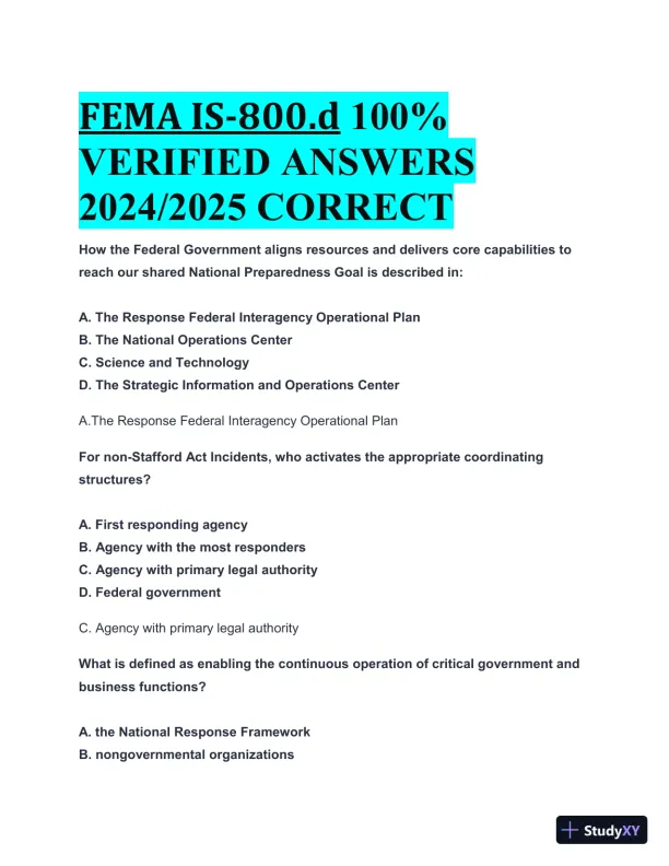 2024-2025 FEMA IS-800d Practice Exam with Answers (50 Solved Questions) - Page 1 preview image