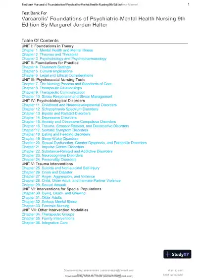 Test Bank for Varcarolis' Foundations of Psychiatric-Mental Health Nursing, 9th Edition (Chapters 1-36) - Page 1 preview image