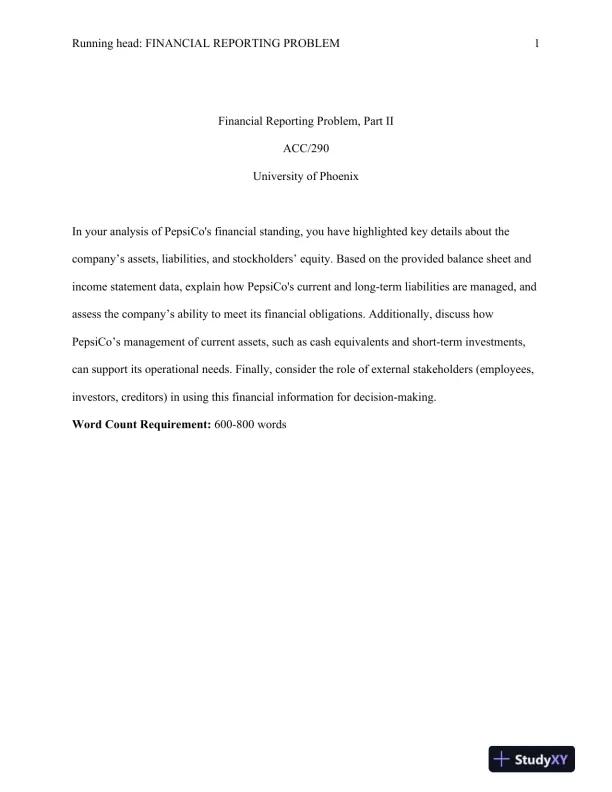 ACC/290 Financial Reporting Problem, Part II University of Phoenix - Page 1 preview image