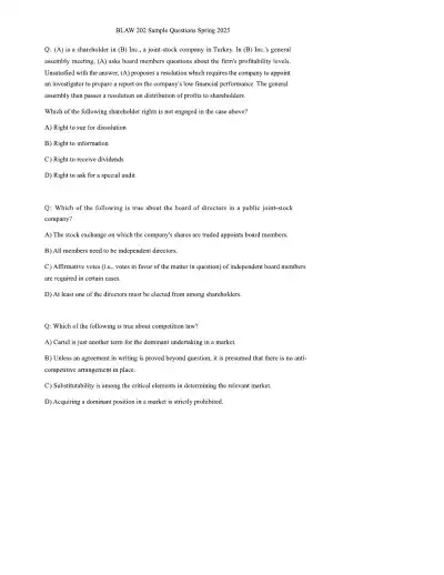 BLAW 202 Sample Questions Spring 2025 - Page 1 preview image
