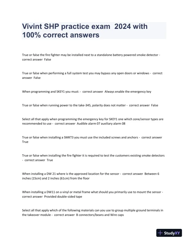 2024 Vivint SHP Practice Exam with Answers (35 Solved Questions) - Page 1 preview image