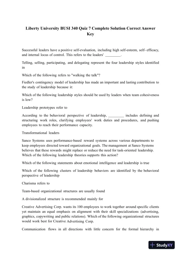 Liberty University BUSI 340 Quiz 7 Complete Solution Correct Answer Key - Page 1 preview image