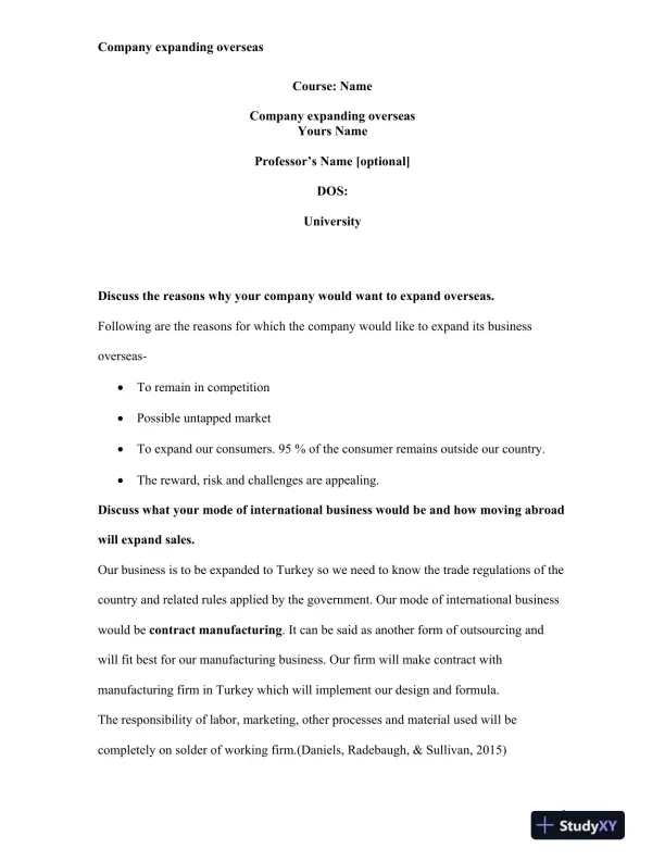 Expanding Overseas: Strategies, Challenges, and Risk Management in International Business - Page 1 preview image