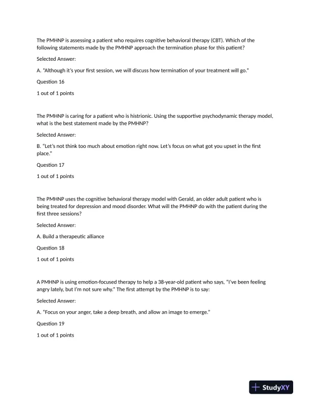 NRNP6640 Psychotherapy Final Exam With Answers (76 Solved Questions) - Page 7 preview image