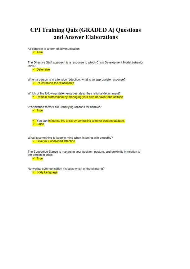 CPI Training Quiz (GRADED A) Questions and Answer - Page 1 preview image