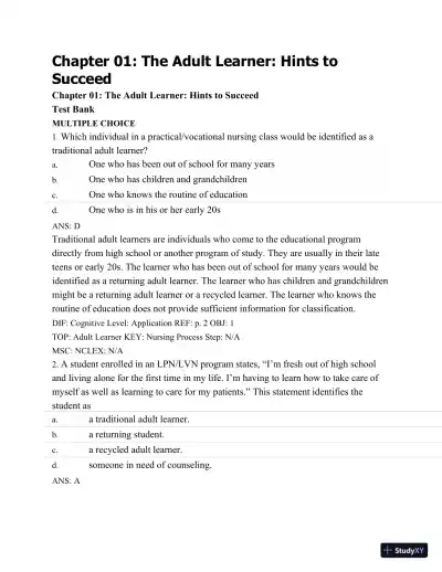 Test Bank For Success In Practical/Vocational Nursing: From Student To Leader, 7th Edition - Page 1 preview image