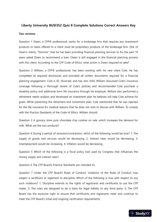 BUSI352 Liberty UniversityQuiz 8 Complete Solutions Correct Answers Key - Page 1 preview image