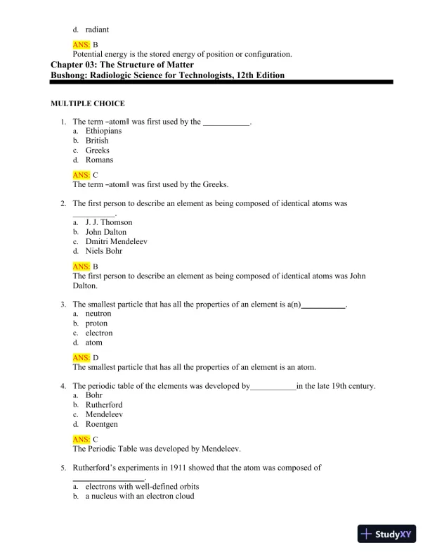 Test Bank for Radiologic Science for Technologists: Physics, Biology, and Protection, 12th Edition (Chapters 1-40) - Page 10 preview image