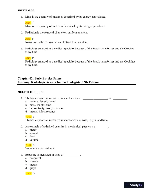 Test Bank for Radiologic Science for Technologists: Physics, Biology, and Protection, 12th Edition (Chapters 1-40) - Page 6 preview image