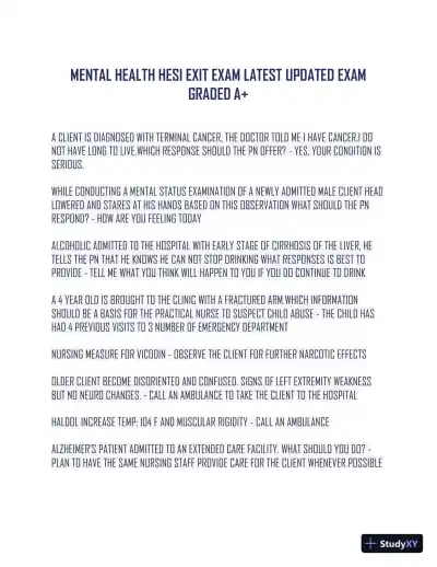 HESI Mental Health Exit Exam With Answers (58 Solved Questions) - Page 1 preview image