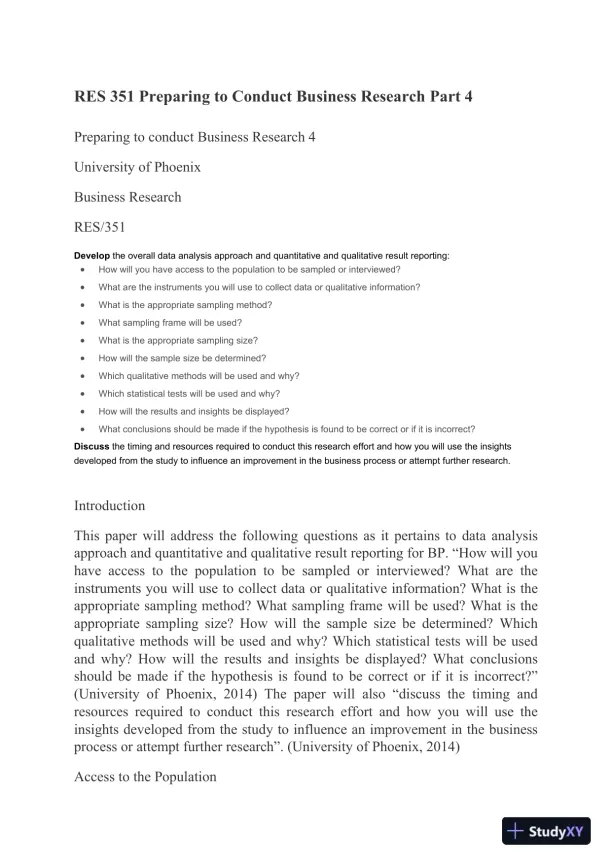 RES 351 Preparing to Conduct Business Research Part 4 University of Phoenix - Page 1 preview image