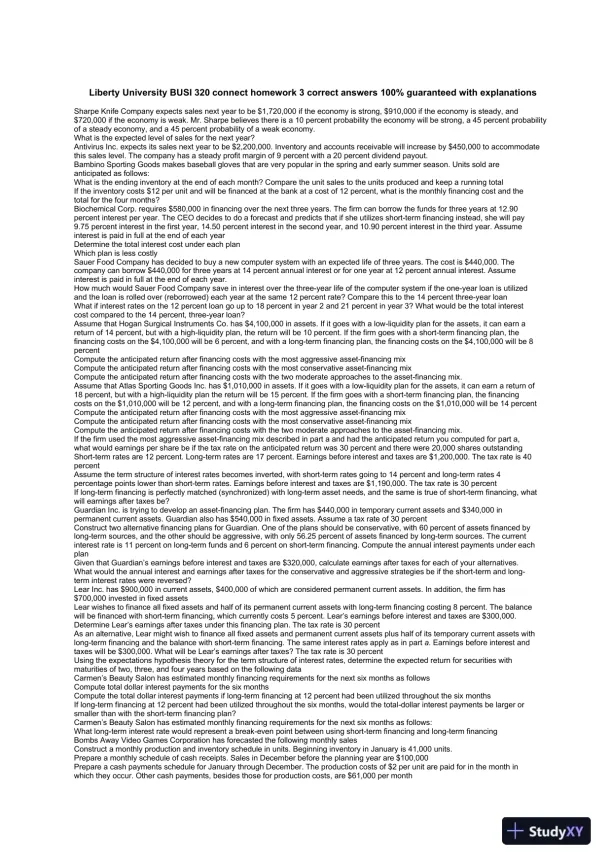Liberty University BUSI 320 connect homework 3 correct answers 100% guaranteed with explanations - Page 1 preview image