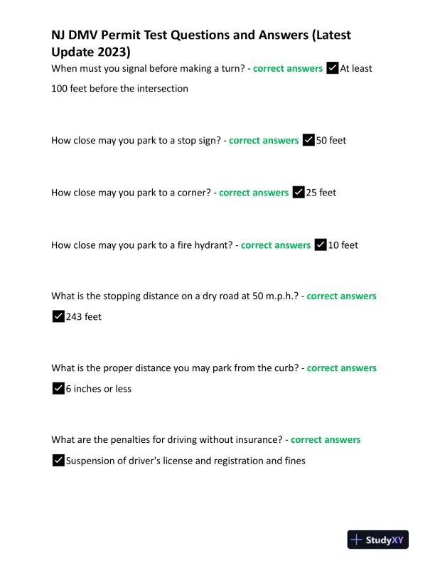 2023 NJ License DMV Permit Test With Answers (150 Solved Questions) - Page 1 preview image
