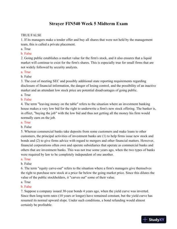 Strayer FIN540 Week 5 Midterm Exam - Page 1 preview image