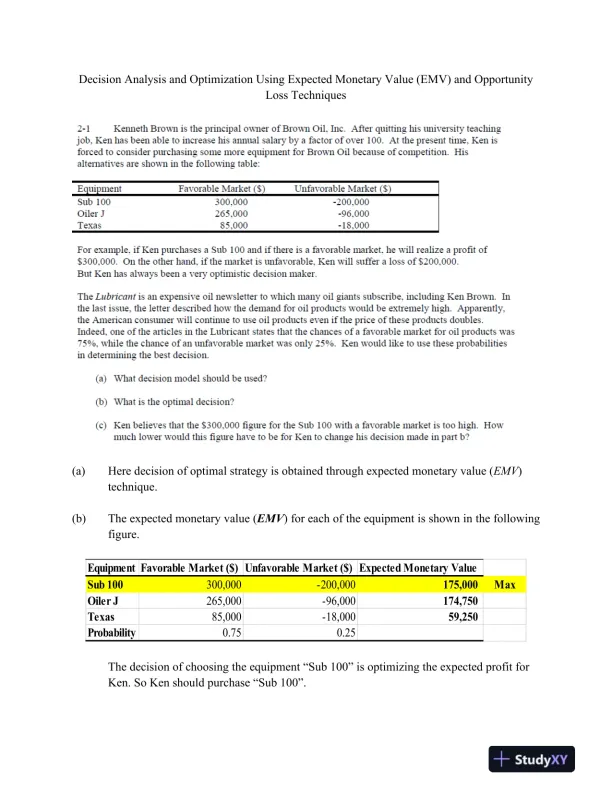 Decision Analysis and Optimization Using Expected Monetary Value (EMV) and Opportunity Loss Techniques - Page 1 preview image