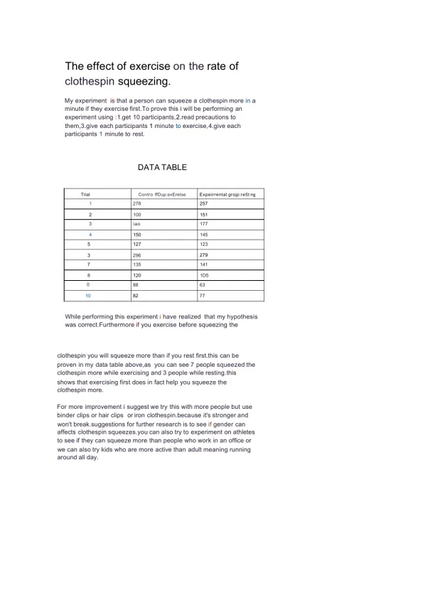 The Effect of Exercise on Clothespin Squeezing - Page 1 preview image