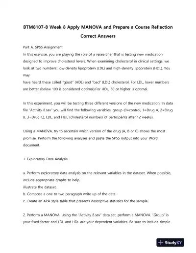 BTM8107-8 Week 8 Apply MANOVA and Prepare a Course Reflection Correct Answers - Page 1 preview image