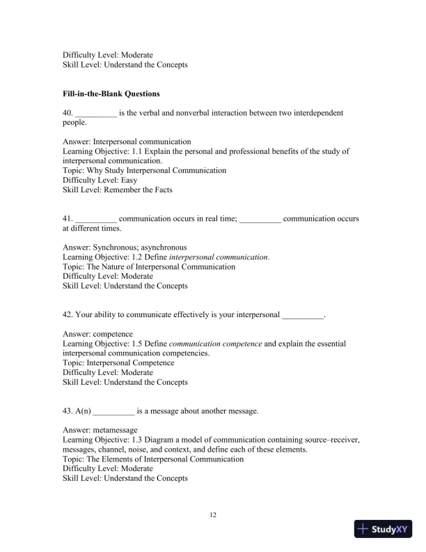 Test Bank for Interpersonal Messages , 4th Edition - Page 15 preview image