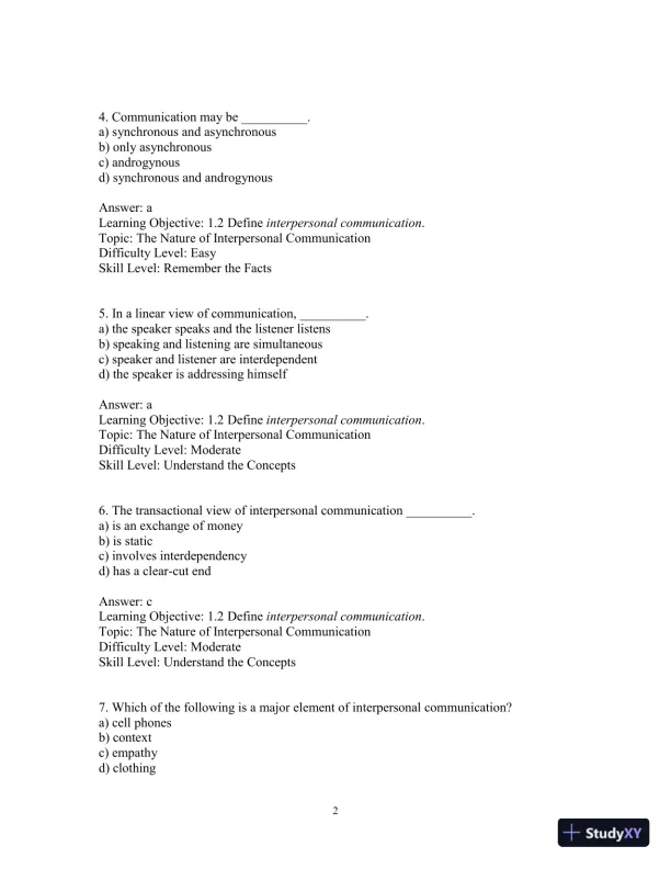 Test Bank for Interpersonal Messages , 4th Edition - Page 5 preview image