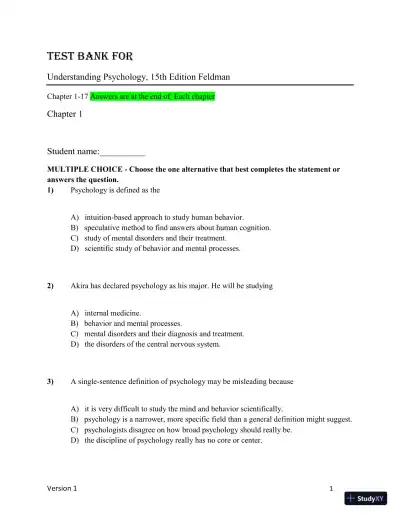 Test Bank for Understanding Psychology, 15th Edition (Chapters 1-5) - Page 1 preview image